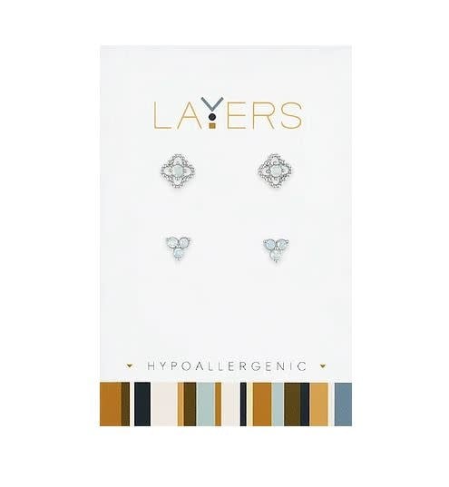 Silver beaded petal stud earrings with triple opal accents in a layered duo pair