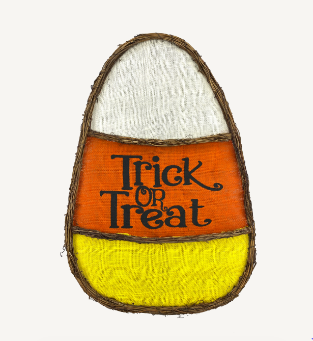 Candy corn twig form decorative accent with orange, yellow, and white autumnal colors.