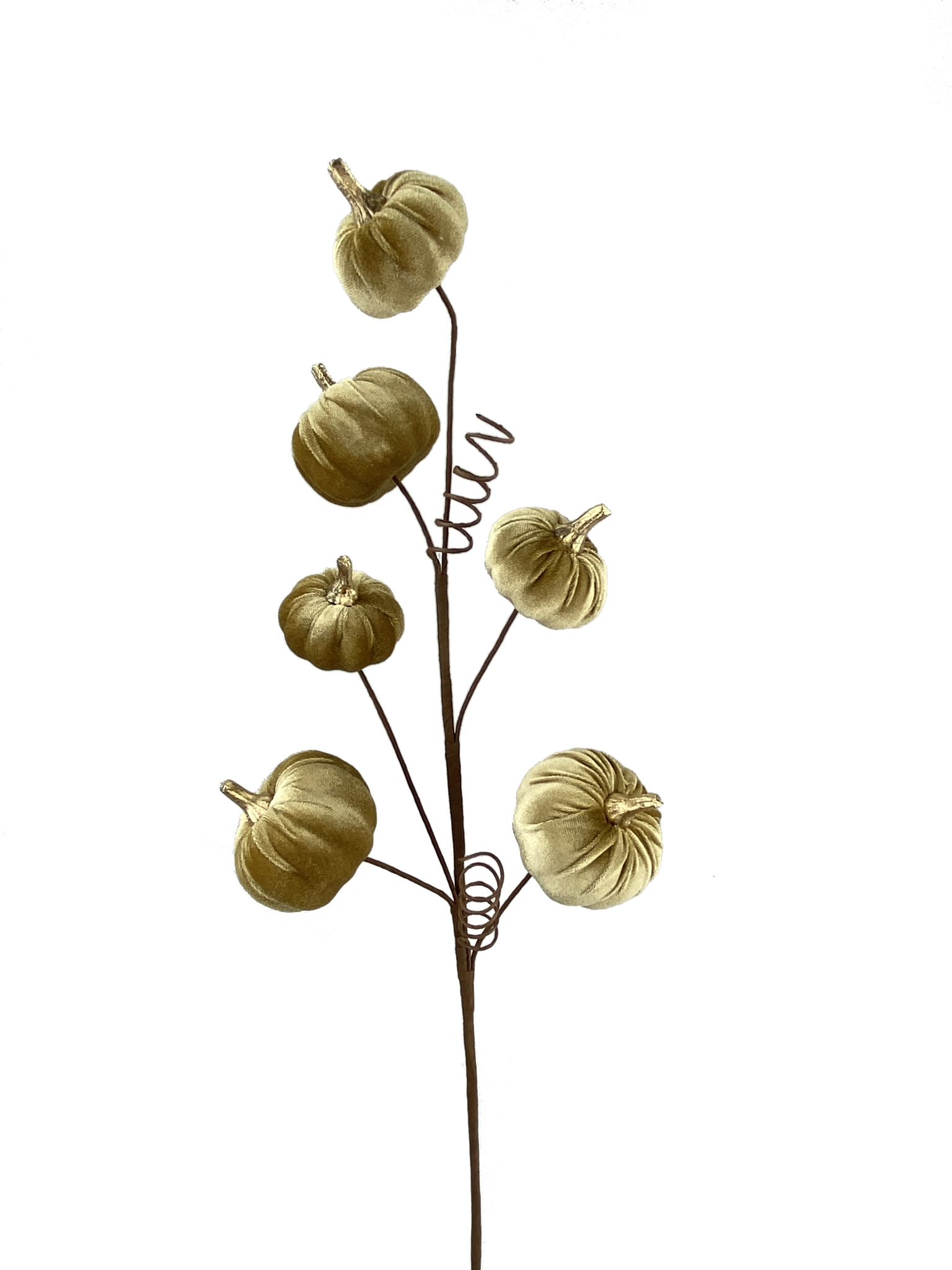 28-inch decorative spray featuring six gold velvet pumpkins on a brown wire stem with curly accents.