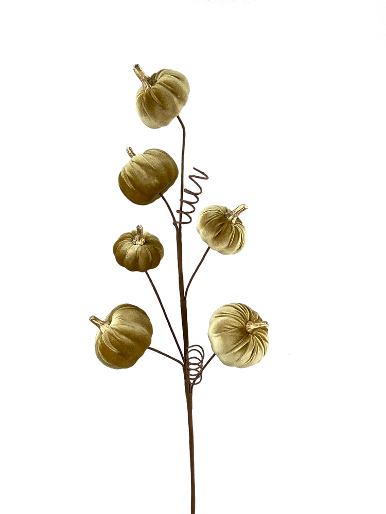 28-inch decorative spray featuring six gold velvet pumpkins on a brown wire stem with curly accents.