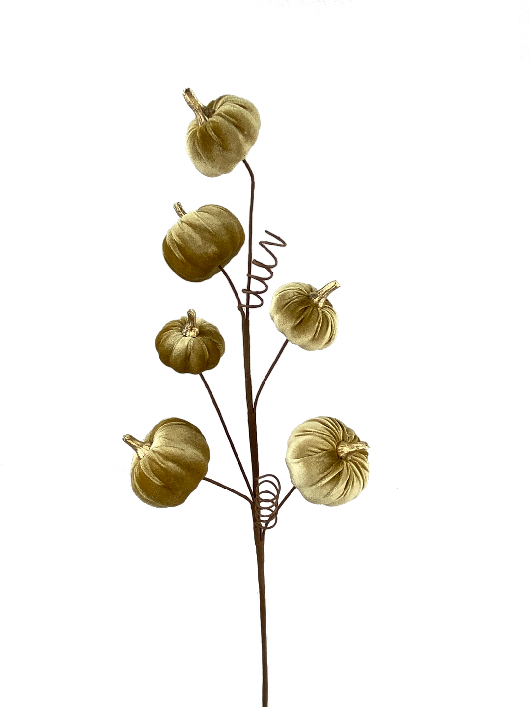 28-inch decorative spray featuring six gold velvet pumpkins on a brown wire stem with spirals.