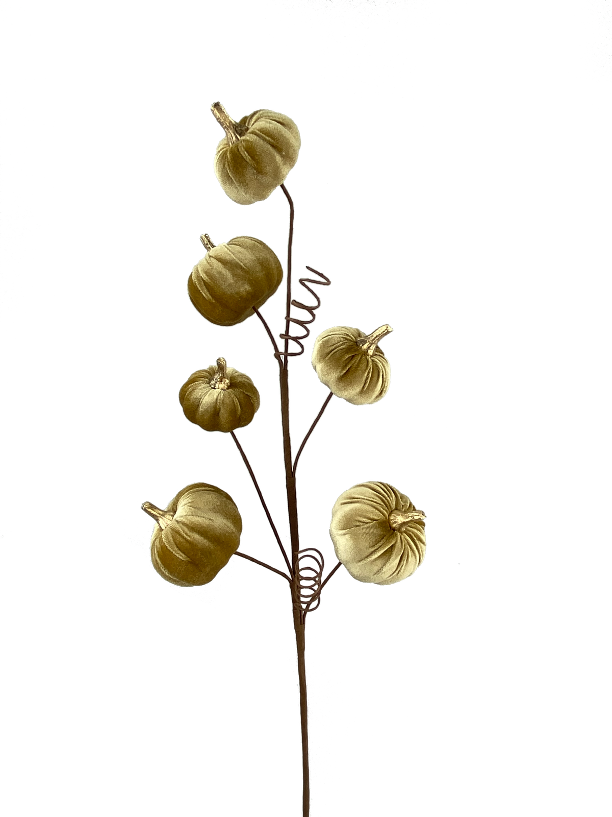 28-inch decorative spray featuring six gold velvet pumpkins on a brown wire stem with spirals.