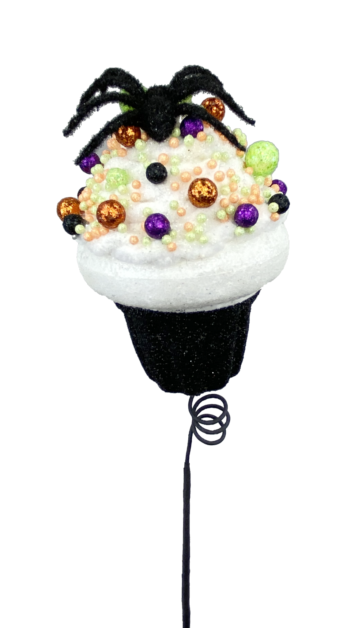 Black glittery Halloween cupcake pick with white icing top and purple, orange, black, green foam sprinkles.