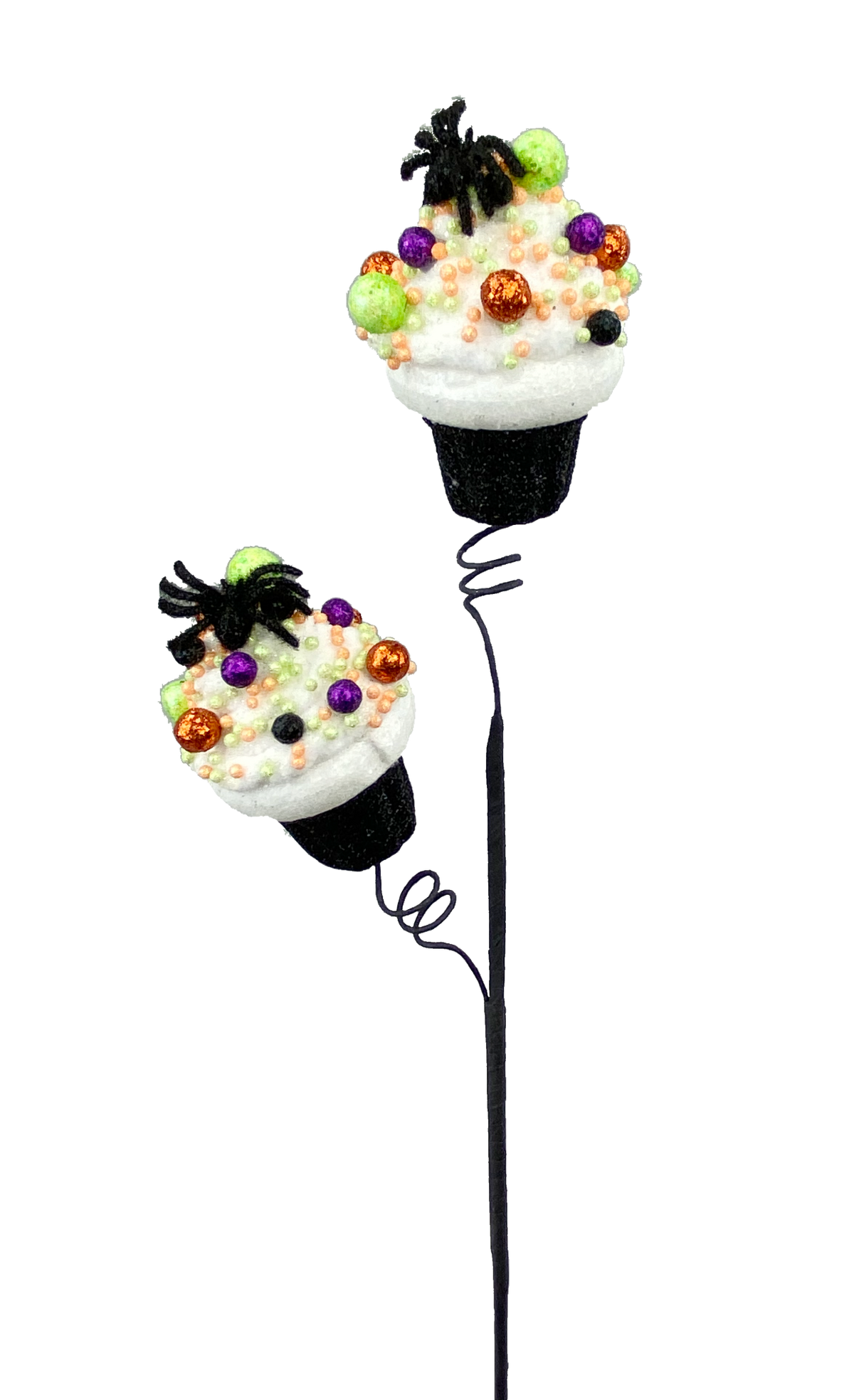 Spider Cupcake Spray with black glittery base, white icing, purple orange green foam sprinkles on wired stem