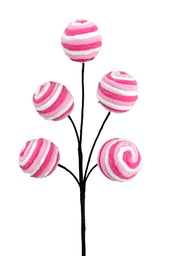 Pink twirl ball pick with a spherical top on a stick handle