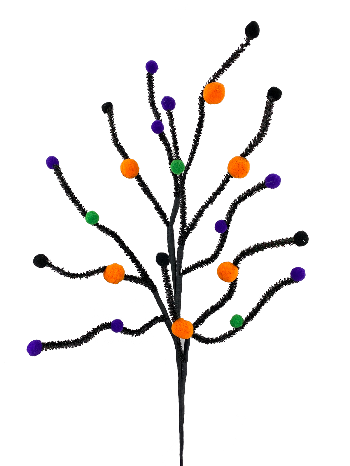 Felt ball twig spray with green foliage accents in a natural branch arrangement.