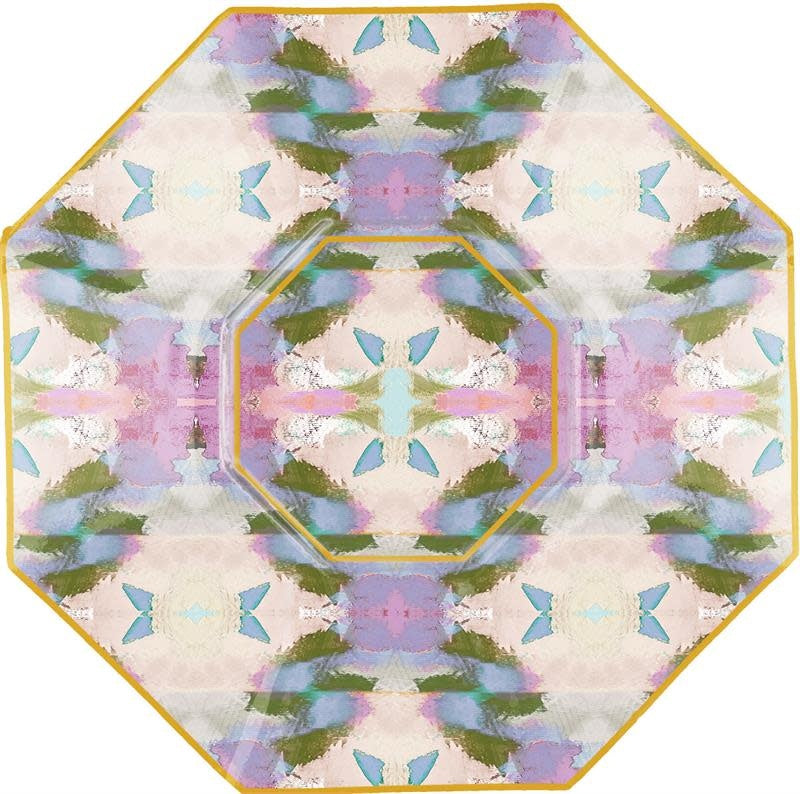Hand-poured octagonal decoupage glass plate with hand-cut artwork and gold-handpainted edges.