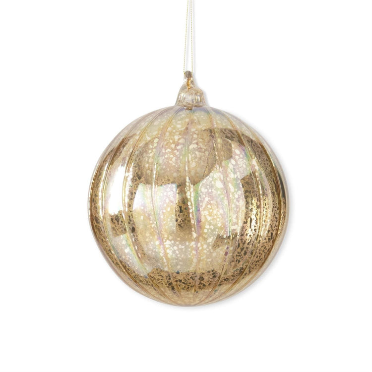 Round gold ribbed mercury glass ornament with hanging loop