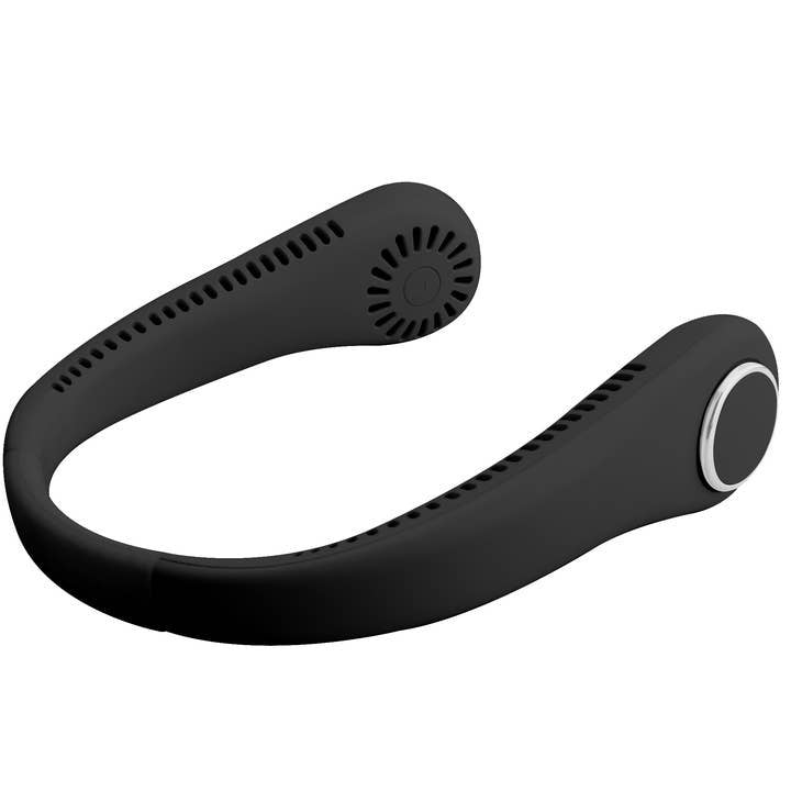 Black bladeless neck fan with flexible band and rechargeable battery