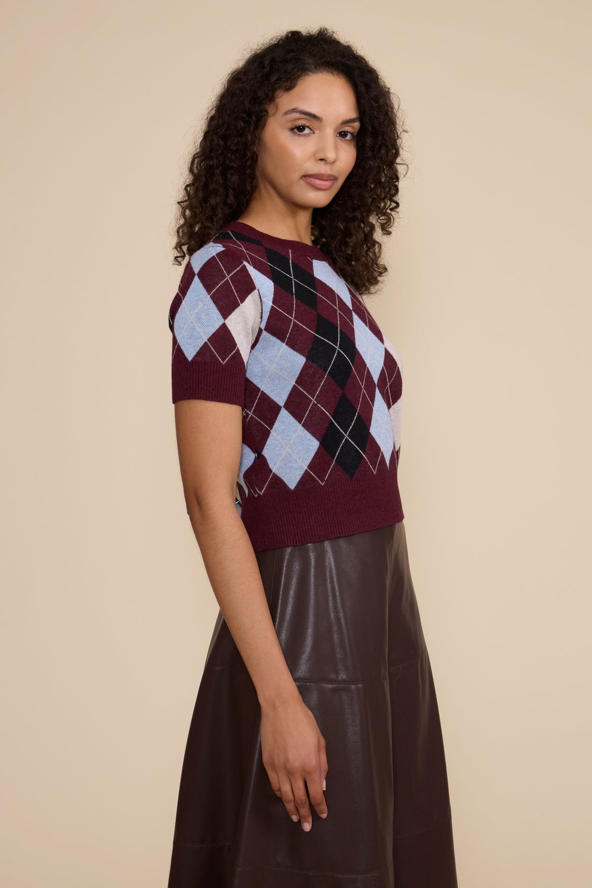 Lucy Paris Bria argyle knit top, burgundy multicolor, style SW5631