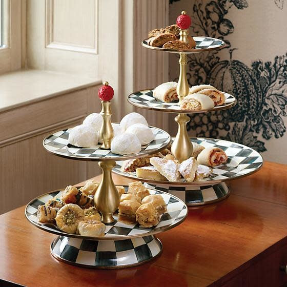Three-tier enamel sweet stand with Courtly Check pattern on heavy-gauge steel.