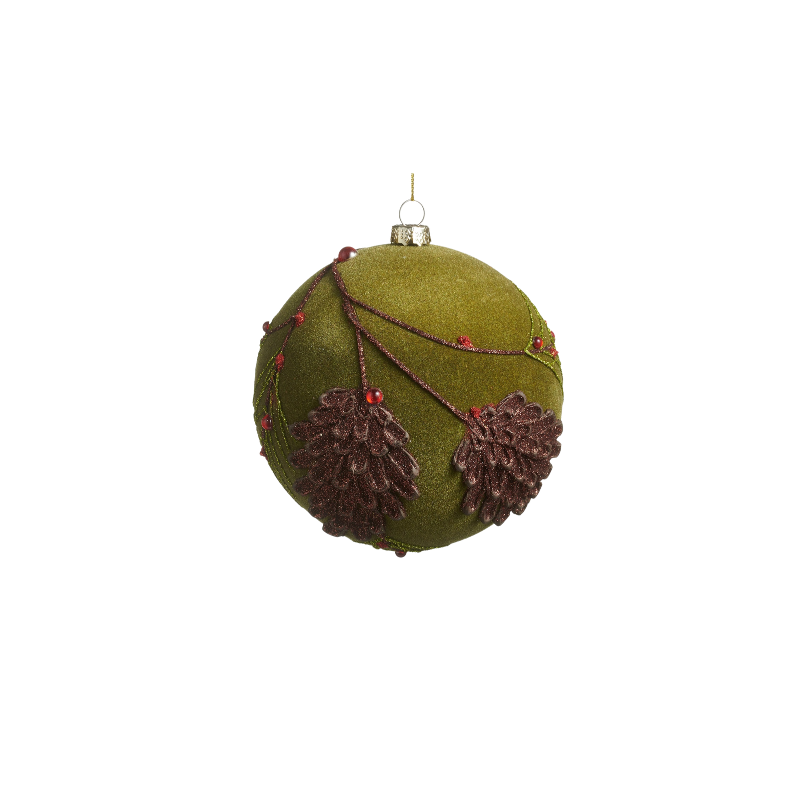 5-inch green flocked ball ornament with brown glitter pinecone and red berry branch details.