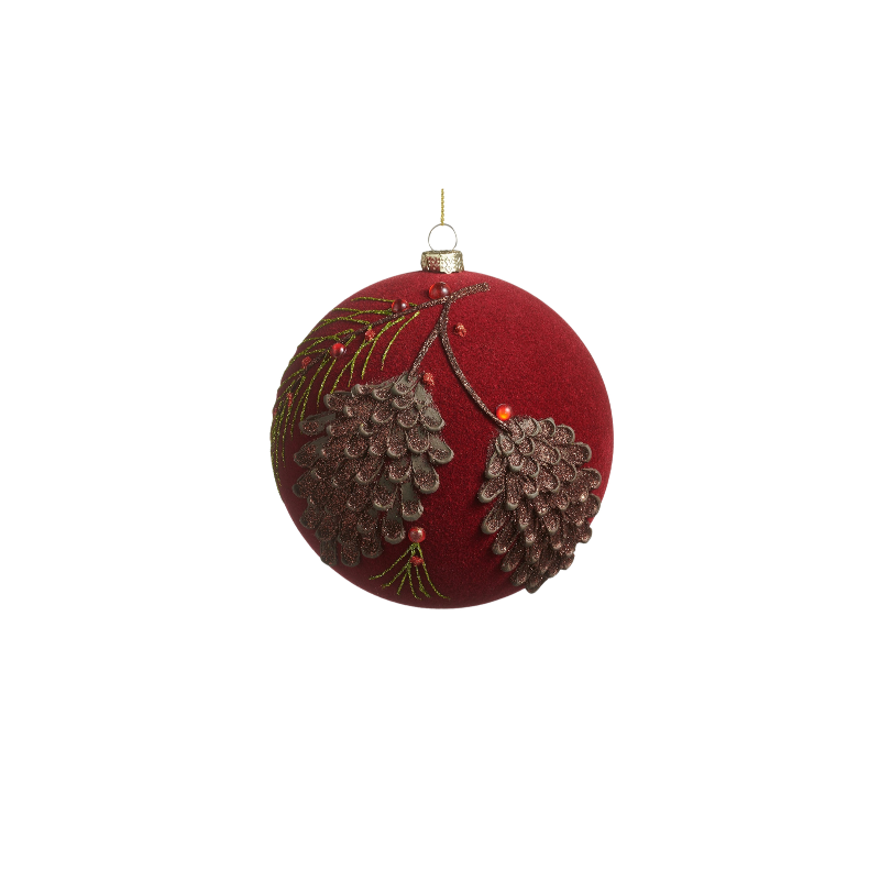 5-inch red flocked glass ball ornament with glittery pinecone and pine needle designs.