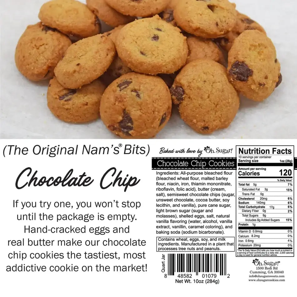 A pint jar filled with chocolate chip cookies featuring a white label patterned with colorful dots.