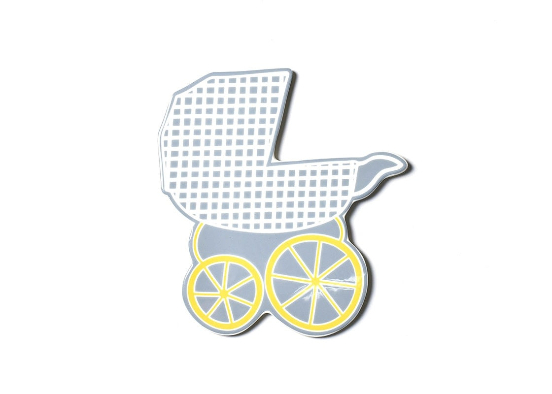 Grey baby carriage attachment with yellow accents