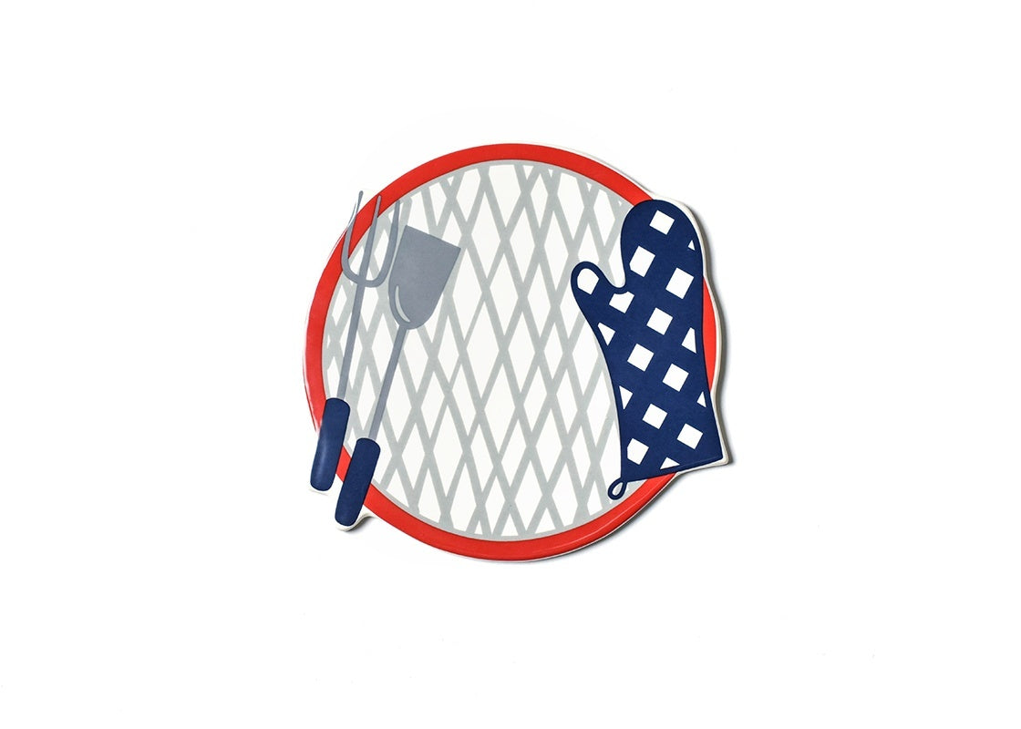 Ceramic grill top attachment with hook-and-loop fastener in neutral tone.