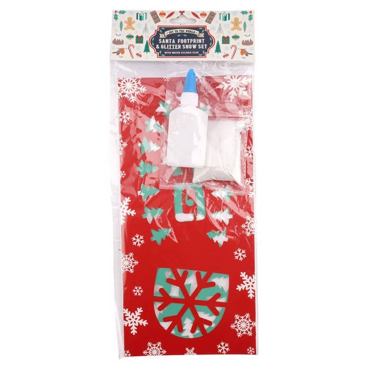 Joy To The World Santa footprint stencil with glitter in red and white featuring a classic holiday silhouette.