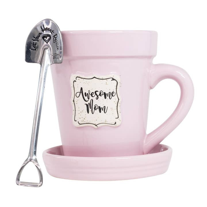 White ceramic flower pot mug with saucer lid and stainless steel garden spade spoon featuring scripture verse.