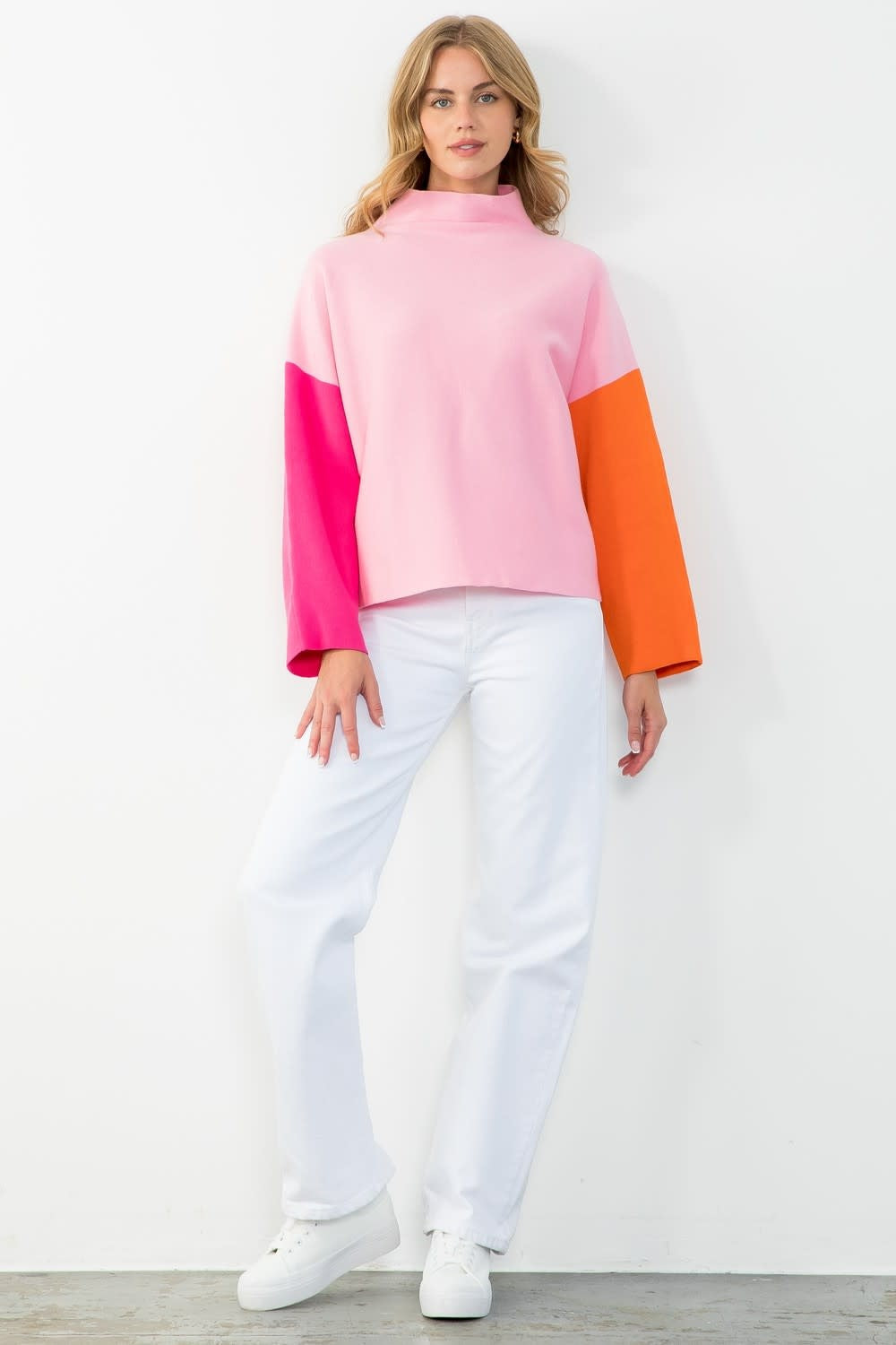 Amelia Colorblock Sleeve Sweater Pink L