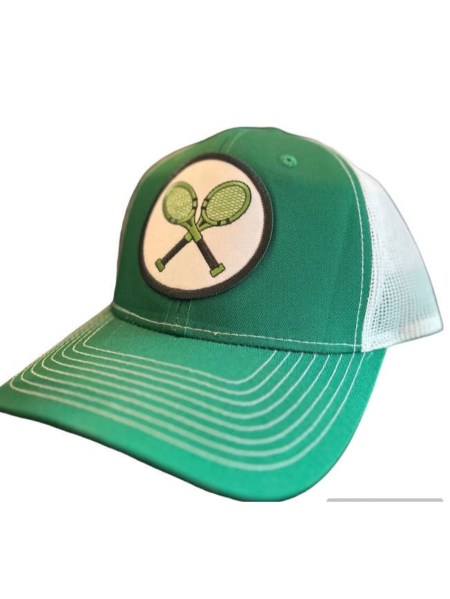 Green cotton canvas trucker hat with white embroidered patch on front panel.