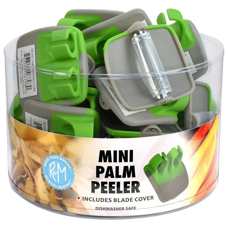 Stainless steel blade mini palm peeler with plastic handle in white.
