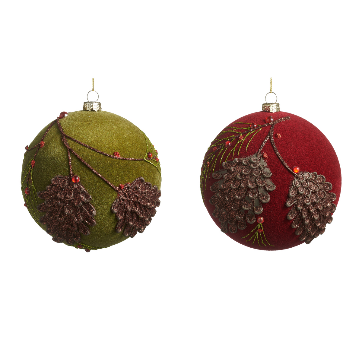 5-inch green and red flocked glass ball ornaments with glitter pinecone and branch designs.