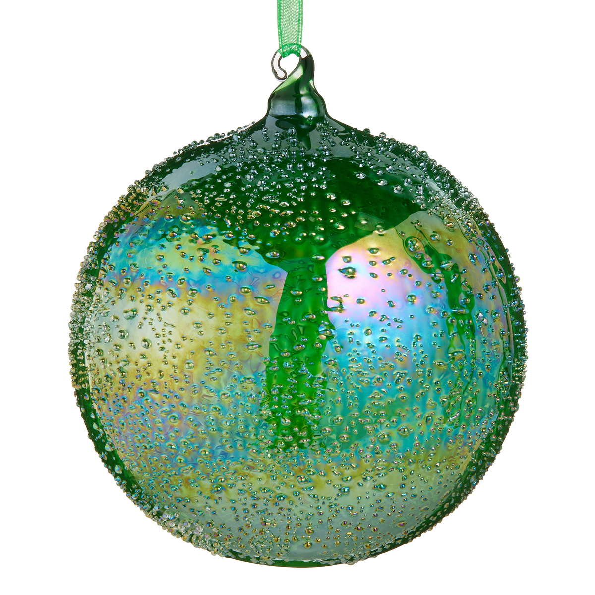 5-inch iridescent moss green glass ball ornament with a bubbly textured finish and green ribbon.