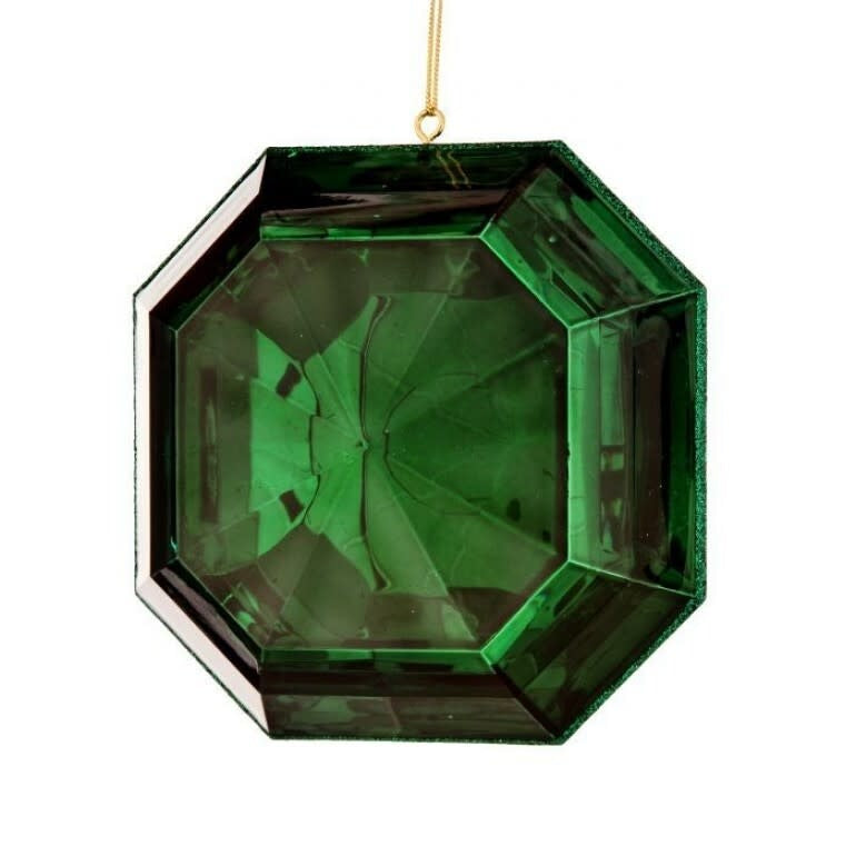 Emerald green acrylic square ornament with a precious gem center.