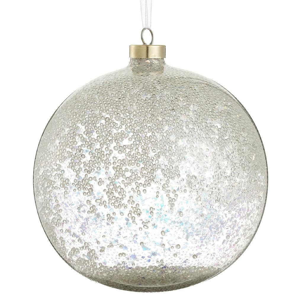 6” Beaded Glass Ball Ornament Clear Iridescent