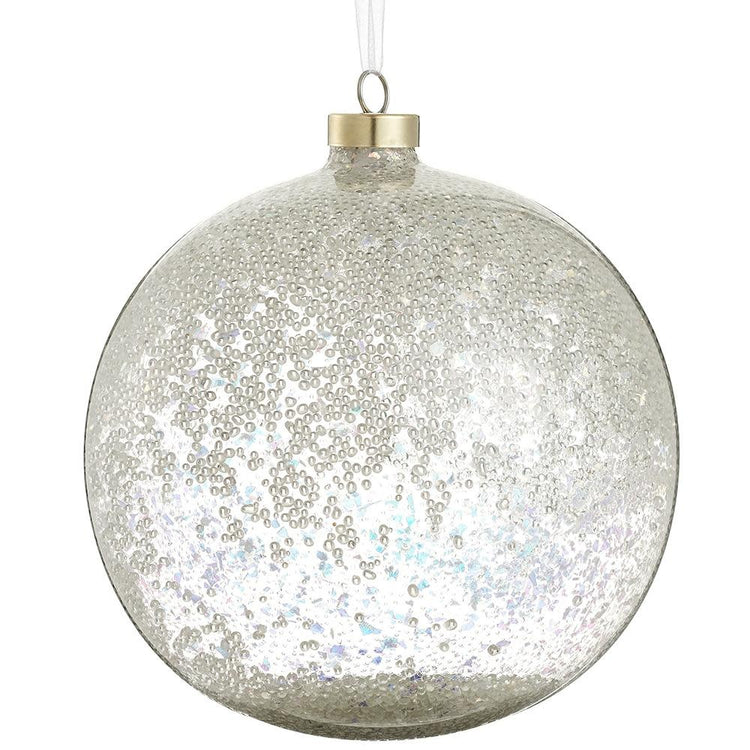 Clear iridescent glass ball ornament with beaded texture