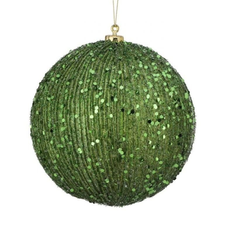 Green metallic ridged ball ornament with beaded texture