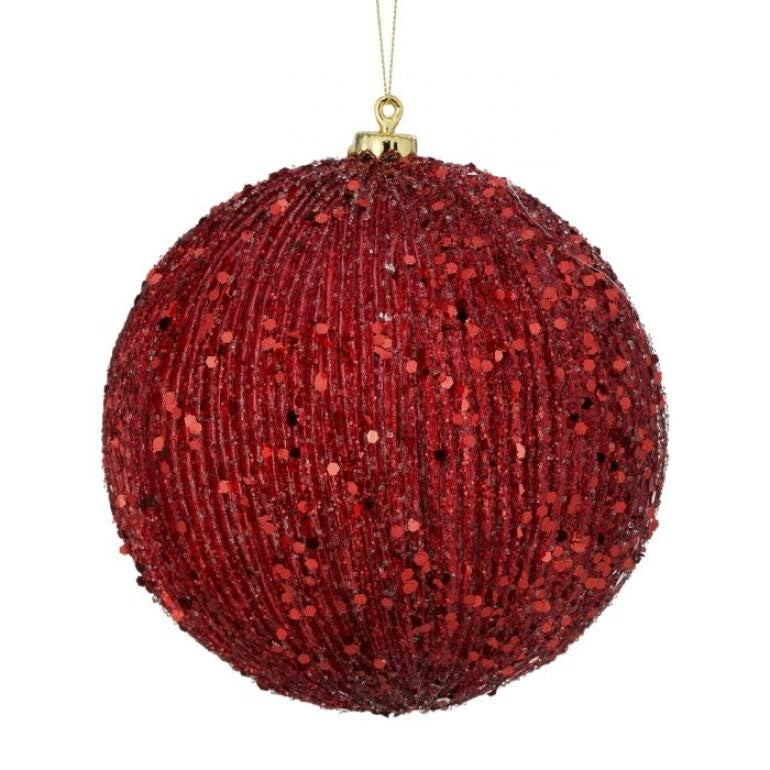 Red beaded metallic ridged ball ornament with a spherical silhouette.