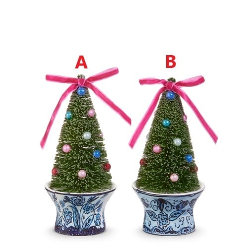 Three green bottle brush trees in a white Chinoiserie pot with gold accents.