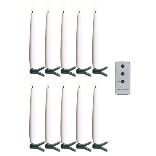 Set of ten white plastic clip-on lighted candles with remote control included.