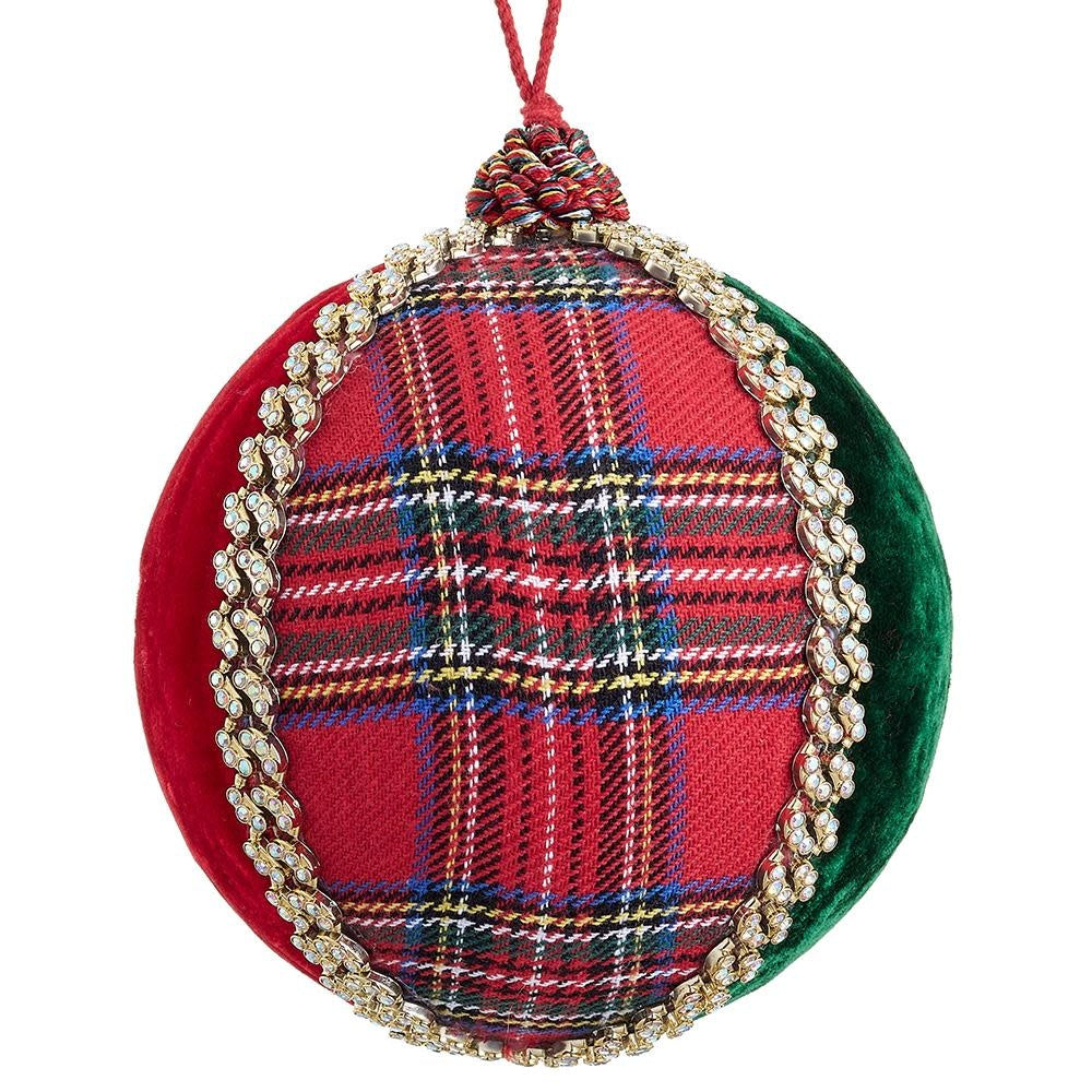 Red velvet ball ornament with green diamond plaid pattern