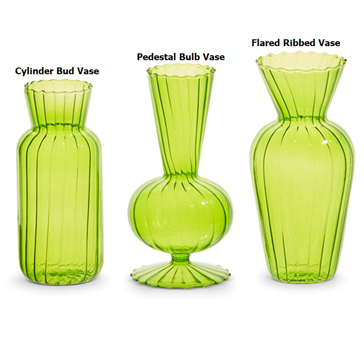 Six-inch tall green glass vase with a cylindrical shape.