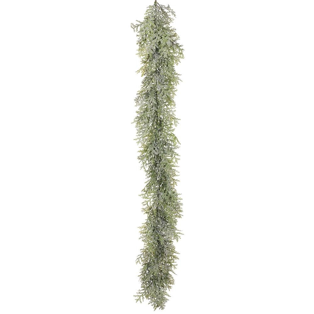 6-foot plastic garland with green frosted cedar leaves on clear wire.
