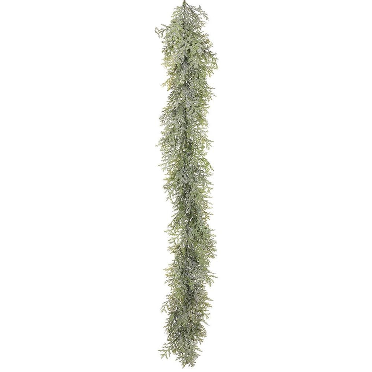 6-foot plastic garland with green frosted cedar leaves on clear wire.
