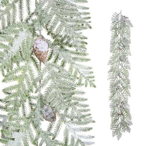 6-foot green polyethylene Norfolk pine garland with frosted icy finish.