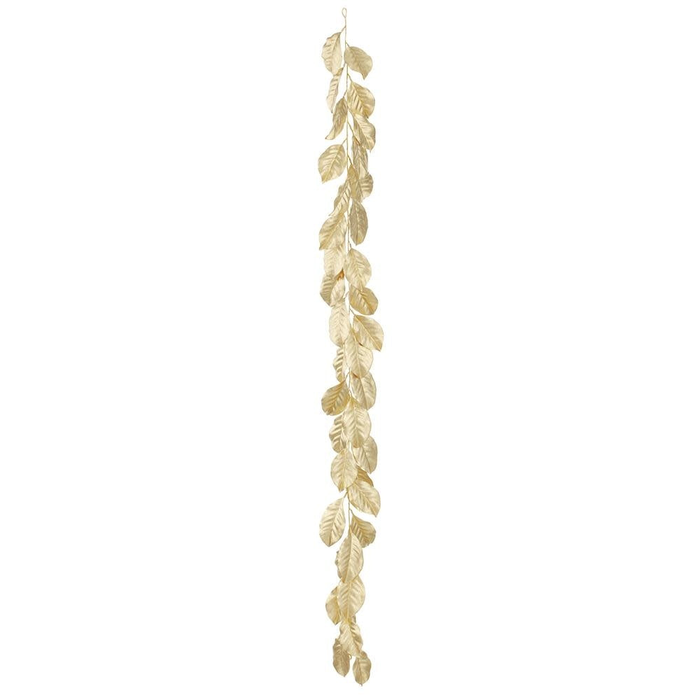 6-foot gold metallic magnolia leaf garland with iron frame