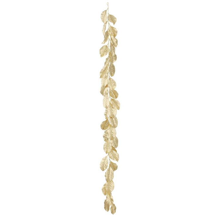 6-foot gold metallic magnolia leaf garland with iron frame