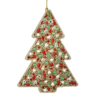 Six-inch multi-colored beaded tree ornament with jeweled accents.