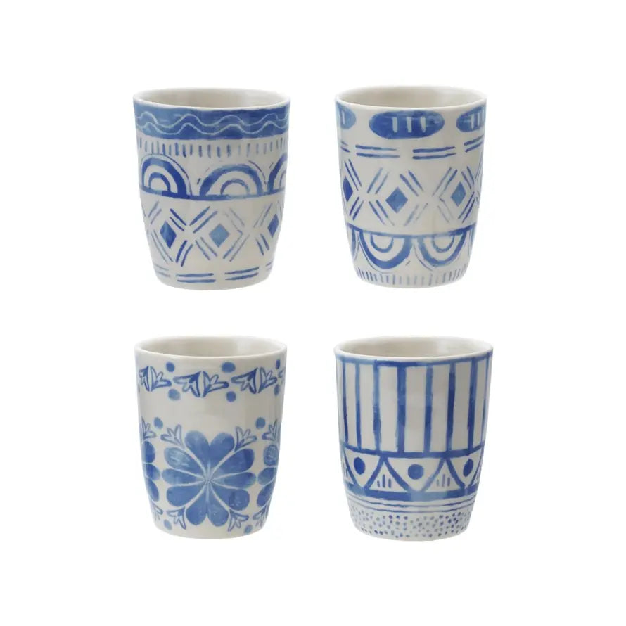 6 oz stoneware cup with blue tile geometric pattern