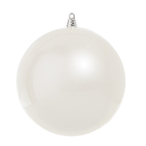 White plastic pearl ball ornament measuring six inches in diameter.