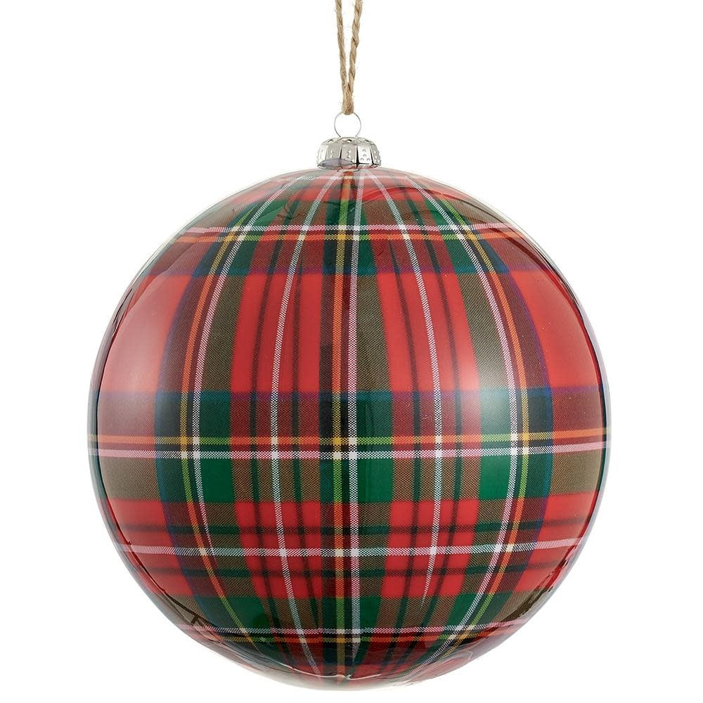 Six-inch red plastic ball ornament with green plaid pattern