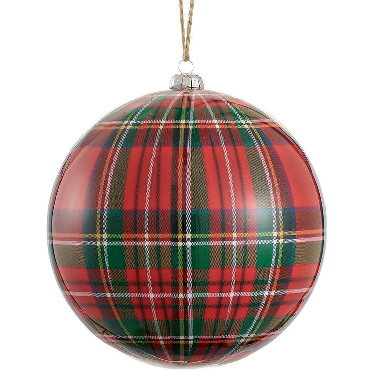 Six-inch red plastic ball ornament with green plaid pattern
