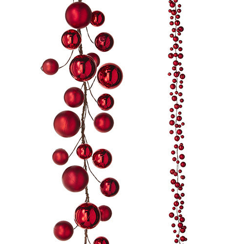 6-foot red garland with metallic and matte plastic ball ornaments on an iron frame.