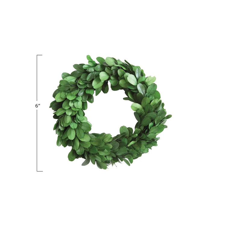 6-inch round preserved boxwood wreath in rich deep green with a soft texture