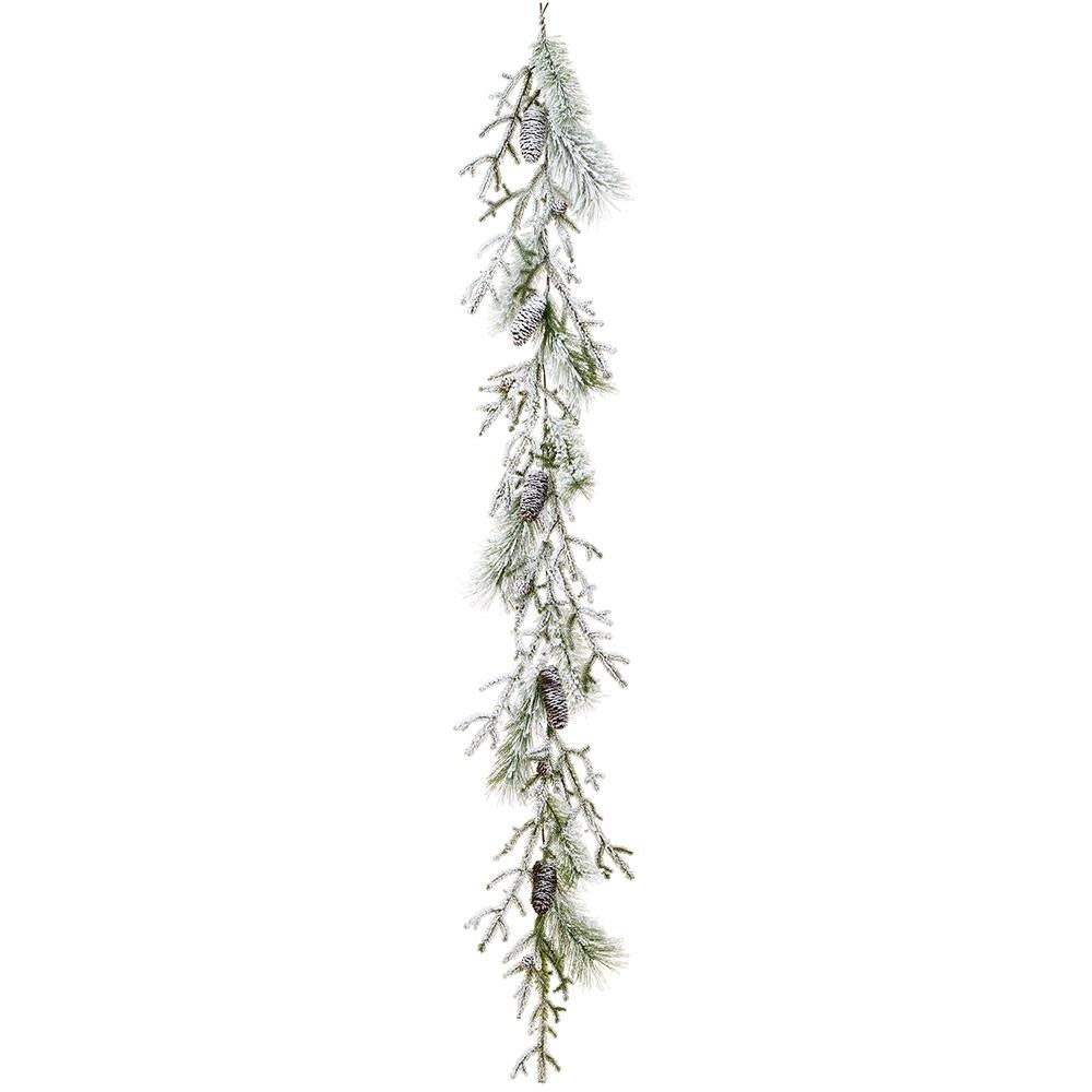 6-foot snow-dusted pine garland with natural green foliage and white accents featuring attached brown pine cones.