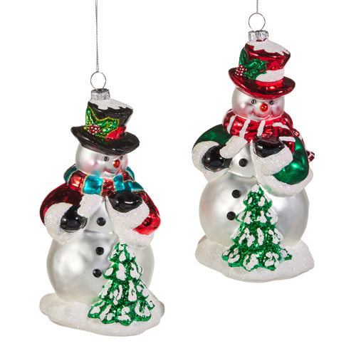 Glass snowman ornament with a white body, black top hat, red scarf, and smiling face.